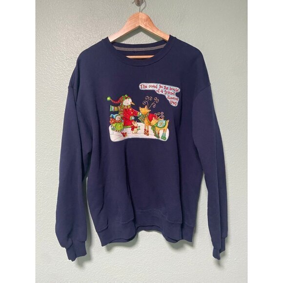 Handmade Snowman Winter Christmas Fruit‎ of the Loom Navy Sweater Unisex Size XL - Picture 1 of 7